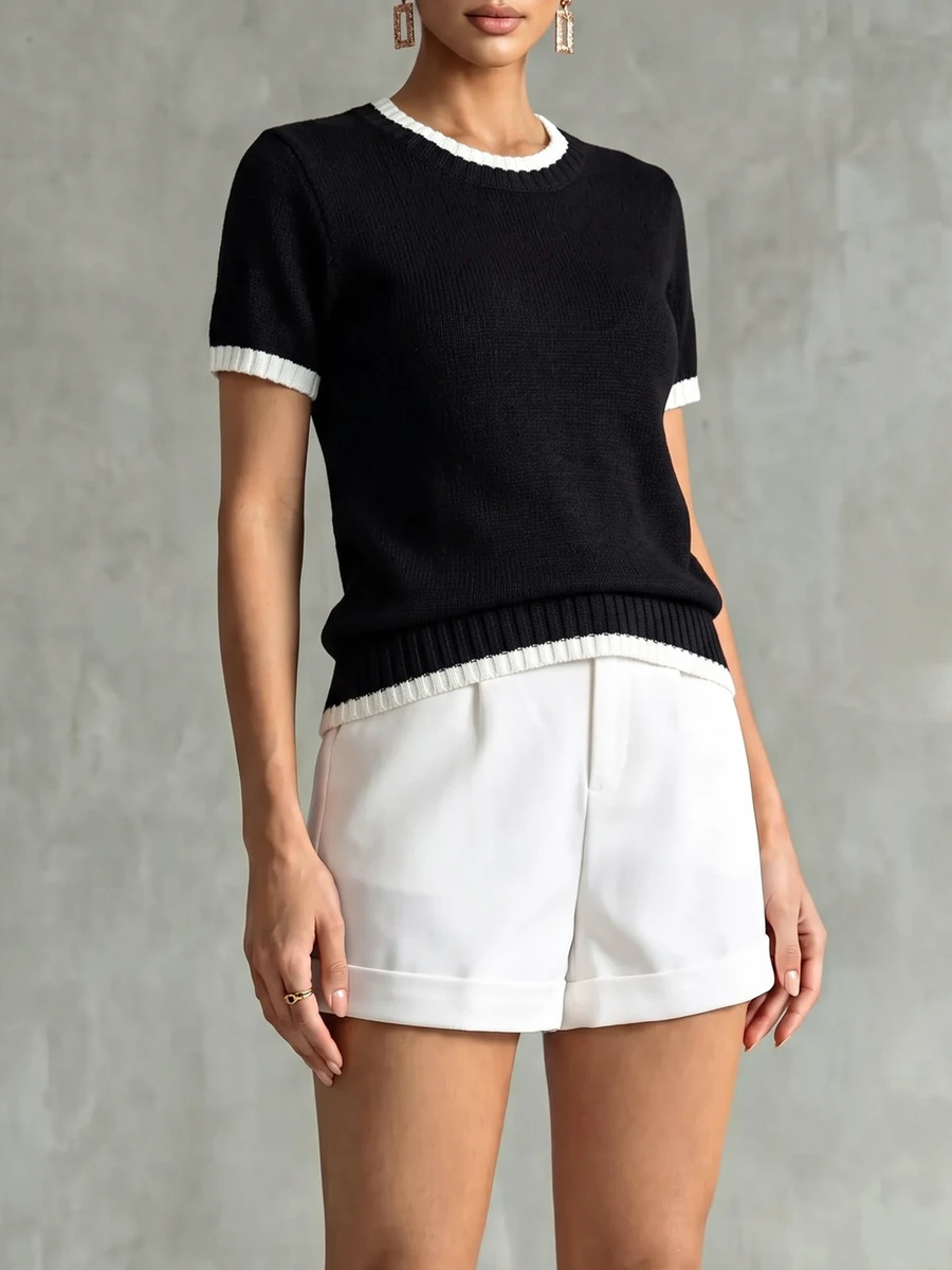 SHEIN Franclia New Summer Minimalist Personalized Patchwork Contrast Color Elegant Knit Top For Women - Black - View 1