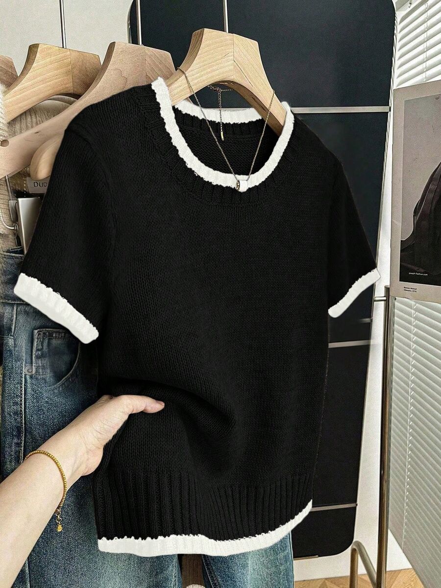 SHEIN Franclia New Summer Minimalist Personalized Patchwork Contrast Color Elegant Knit Top For Women - Black - View 1