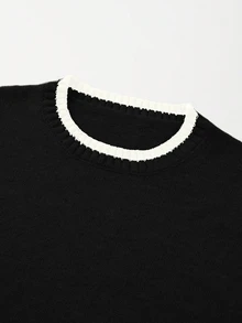 SHEIN Franclia New Summer Minimalist Personalized Patchwork Contrast Color Elegant Knit Top For Women - Black - View 5