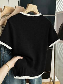 SHEIN Franclia New Summer Minimalist Personalized Patchwork Contrast Color Elegant Knit Top For Women - Black - View 2