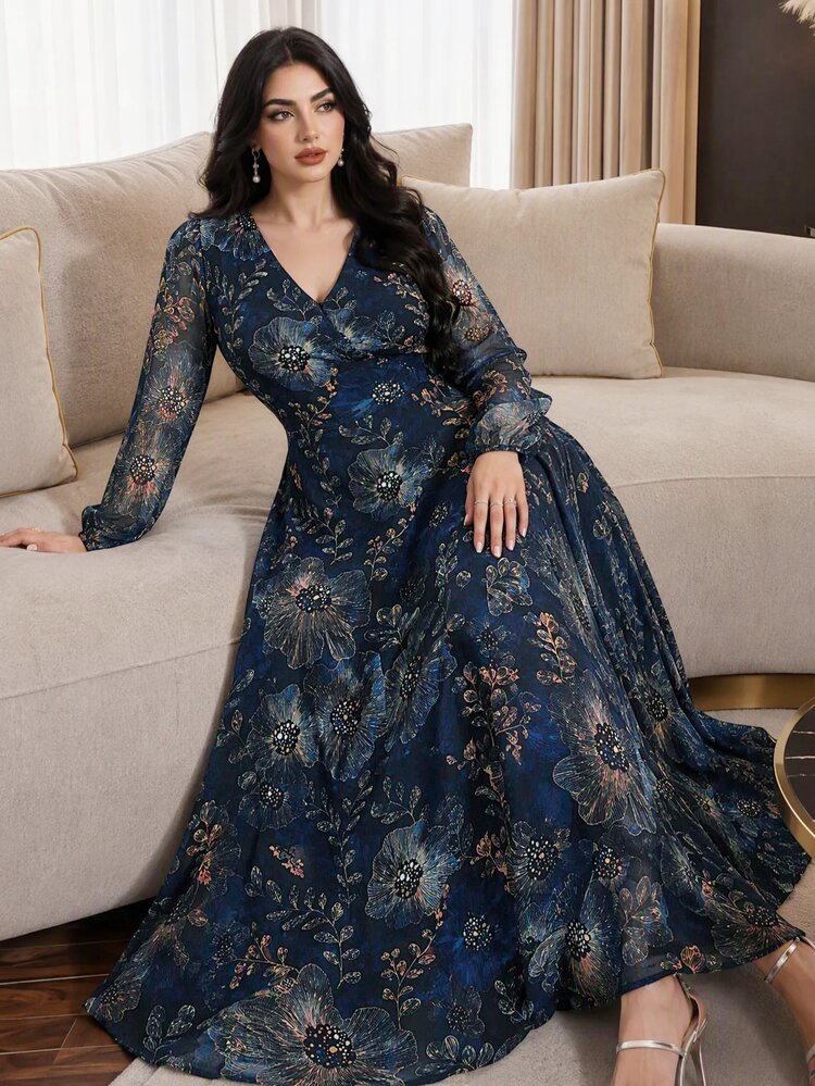 Modelyn 大尺碼優雅派對花卉印花洋裝 - 彩色 - 查看 4