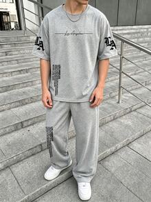 Teen Boys 2-Piece Set, Street Style Cool Black Short Sleeve Outfit LosAngeles Letter Print T-Shirt And Wide Leg Sweatpants, Urban Slogan Print Design Loose Fit Comfortable For Daily Wear, Campus Activities - Grey - View 4