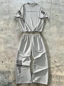 Teen Boys 2-Piece Set, Street Style Cool Black Short Sleeve Outfit LosAngeles Letter Print T-Shirt And Wide Leg Sweatpants, Urban Slogan Print Design Loose Fit Comfortable For Daily Wear, Campus Activities - Grey - View 3