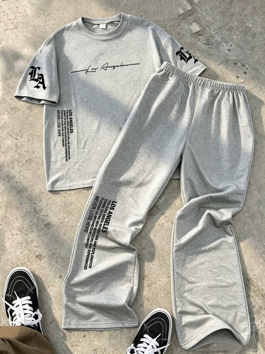 Teen Boys 2-Piece Set, Street Style Cool Black Short Sleeve Outfit LosAngeles Letter Print T-Shirt And Wide Leg Sweatpants, Urban Slogan Print Design Loose Fit Comfortable For Daily Wear, Campus Activities - Grey - View 1