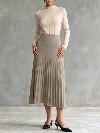 Franclia Rok Midi A-Line Ramping Pinggang Tinggi Rajut Patchwork Lipit Baru, Rok Sweater Kasual Wanita