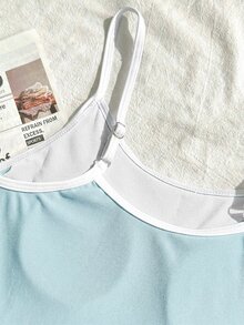 SHEIN 少女黑白撞色连体泳衣，简约沙滩度假泳装 - 淺藍色 - 查看 5