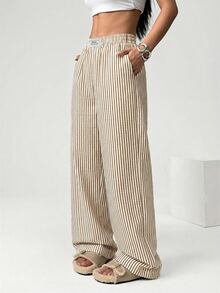 SHEIN EZwear 女士条纹织字刺绣阔腿裤 条纹裤 夏季女裤 条纹牛仔裤 阔腿夏季裤 - 卡其色 - 查看 5
