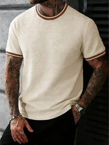 Manfinity Homme Camiseta de cuello redondo de manga corta con textura de unicolor jacquard para hombre - Albaricoque - Ver 4