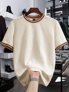 Manfinity Homme Camiseta de cuello redondo de manga corta con textura de unicolor jacquard para hombre - Albaricoque - Ver 3