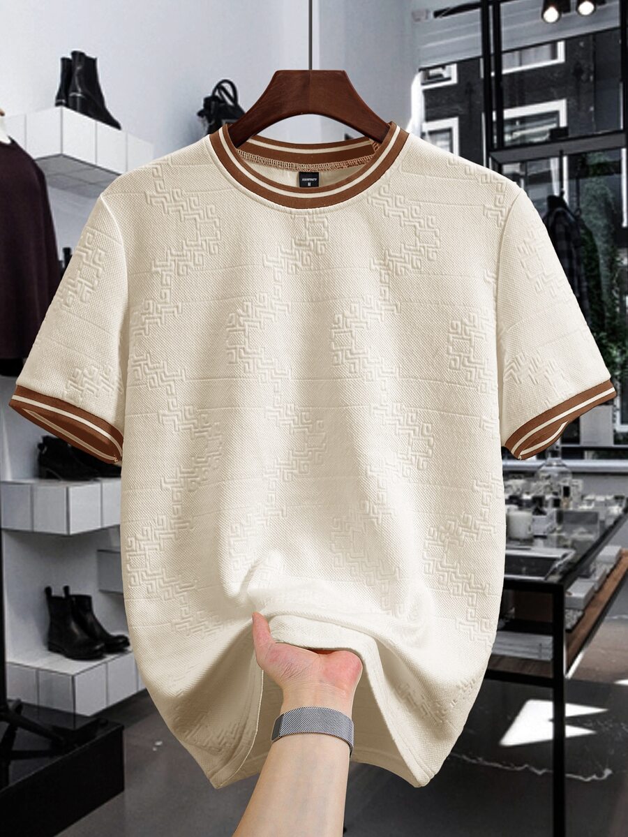Manfinity Homme Men's Jacquard Solid Color Textured Crew Neck Short Sleeve T-Shirt - Apricot - View 1