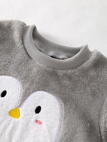 男童可愛卡通企鵝刺繡時尚休閒毛絨長袖褲子2件套居家服 - 灰色 - 查看 6