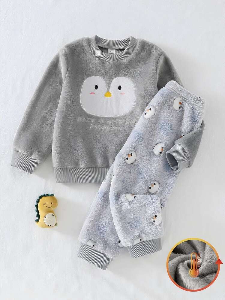 Boys Cute Cartoon Penguin Embroidered Fashion Casual Plush Long Sleeve Pants 2 Pieces Loungewear Set - Grey - View 2