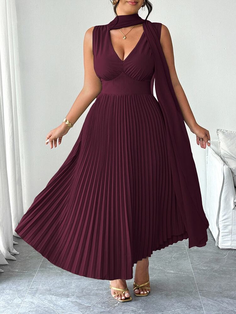 Elenzga Plus Size Burgundy Multi-Material Patchwork V-Neck Chiffon Cape Sleeve Faux Waist Cinched A-Line Pleated Hem Long Dress Casual Elegant For Outing Dating Party Vacation - Burgundy - View 3