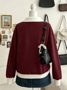 Lalippa 女款酒紅色拼接 Polo 半拉鍊運動衫，秋季寬鬆休閒套頭上衣，附馬標誌與翻領設計 - 彩色 - 查看 2