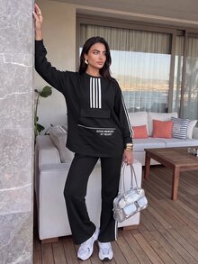 Solavon Women's Versatile Casual Black Long-Sleeve & Pants Set With Letter-Print Webbing Detail - Black - View 6