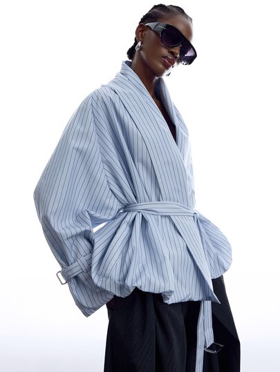 LYSMO Women's Striped Drop Shoulder Long Sleeve Waist Tie Casual Jacket Office Outfits For Women