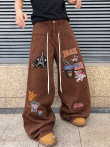 ROMWE MEN 男士雙腰帶刺繡圖案寬鬆牛仔褲 - 咖啡棕 - 查看 1