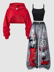 SHEIN ChillGRL Tween女孩休閒街頭風秋季套裝 3件組，包含連帽衛衣、丹寧效果寬鬆長褲與短版細肩帶背心上衣 - 紅色 - 查看 4