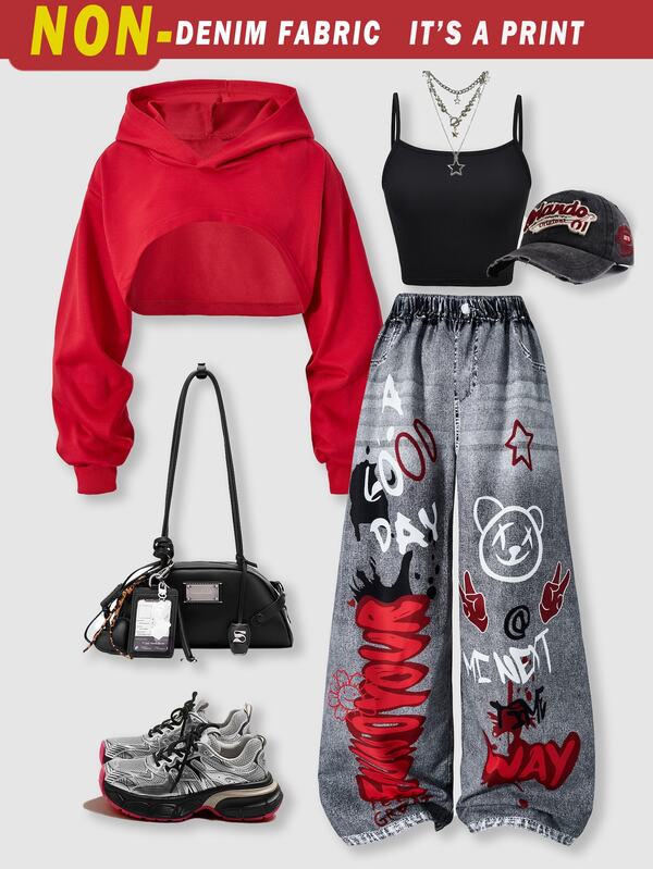 SHEIN ChillGRL Tween Girl 3件組 Streecool 休閒寬鬆街頭風牛仔效果長褲、短版細肩帶背心上衣、長袖連帽網紗襯衫