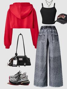 SHEIN ChillGRL Tween女孩休閒街頭風秋季套裝 3件組，包含連帽衛衣、丹寧效果寬鬆長褲與短版細肩帶背心上衣 - 紅色 - 查看 3