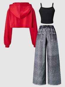 SHEIN ChillGRL Tween女孩休閒街頭風秋季套裝 3件組，包含連帽衛衣、丹寧效果寬鬆長褲與短版細肩帶背心上衣 - 紅色 - 查看 5