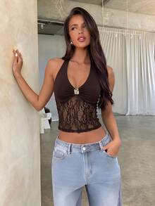 Aloruh 女款夏季性感蕾絲拼接純黑色背心 - 咖啡棕 - 查看 7