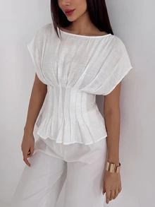 Aloruh 女款優雅通勤圓領套頭休閒條紋短袖襯衫 - 白色 - 查看 3