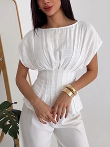 Aloruh 女款優雅通勤圓領套頭休閒條紋短袖襯衫 - 白色 - 查看 4