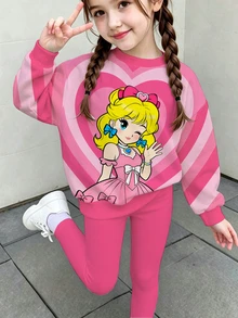 女童秋冬優雅休閒時尚可愛愛心蝴蝶結公主印花圓領衛衣與內搭褲2件套 - 彩色 - 查看 1