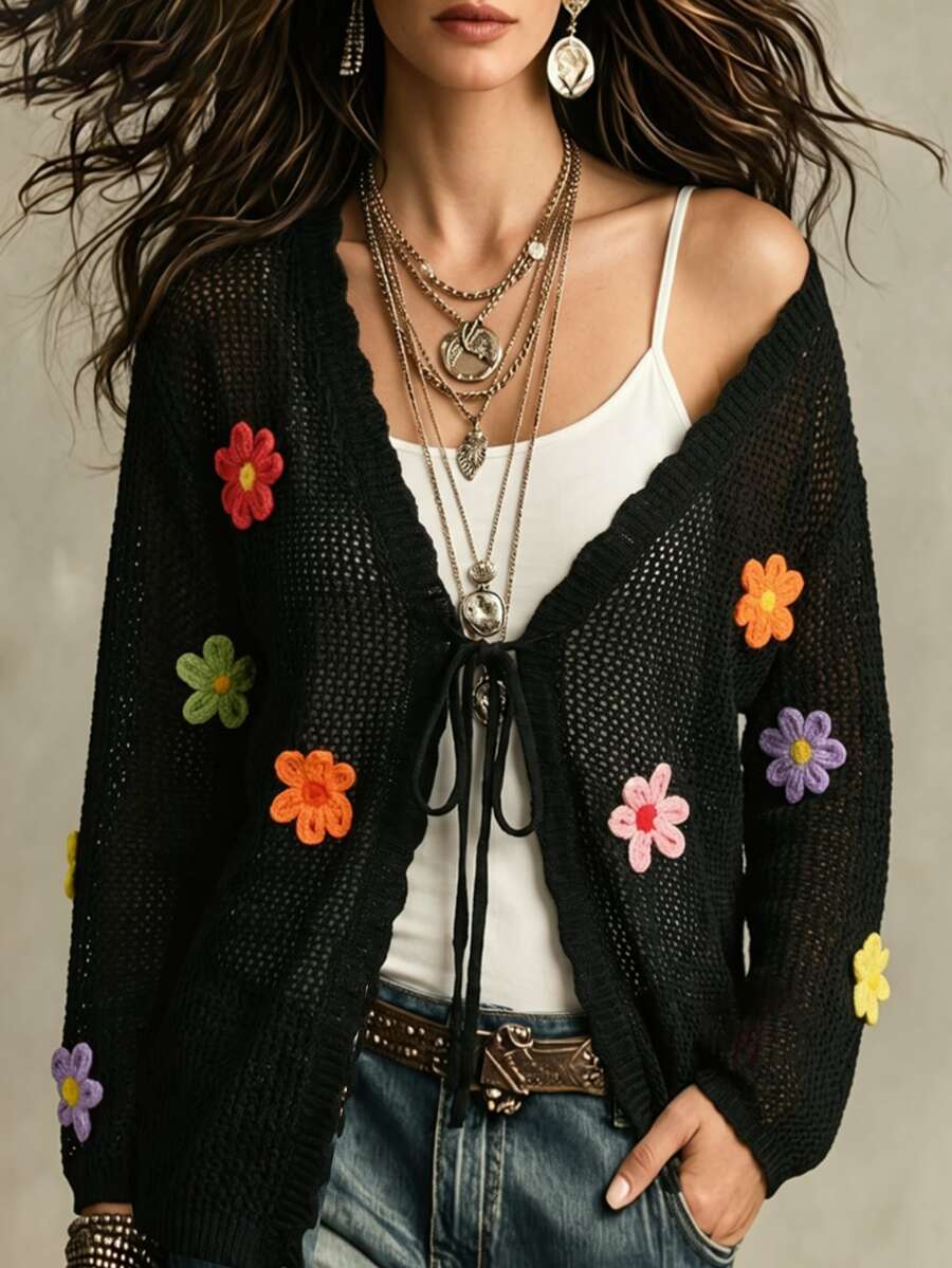 EMERY ROSE Plus Size Women's Black Boho Knitted V-Neck Hollow Flower Decor Long Sleeve Lightweight Casual Cardigan,Elegant For Summer Vacation,Breathable Cloth - Black - View 1