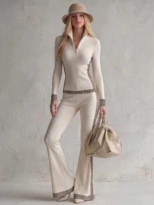 Trelyra Contrast Leopard Print Half Zip Tee & Flare Leg Pants - Apricot - View 7