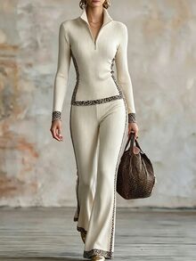 Trelyra Contrast Leopard Print Half Zip Tee & Flare Leg Pants - Apricot - View 1