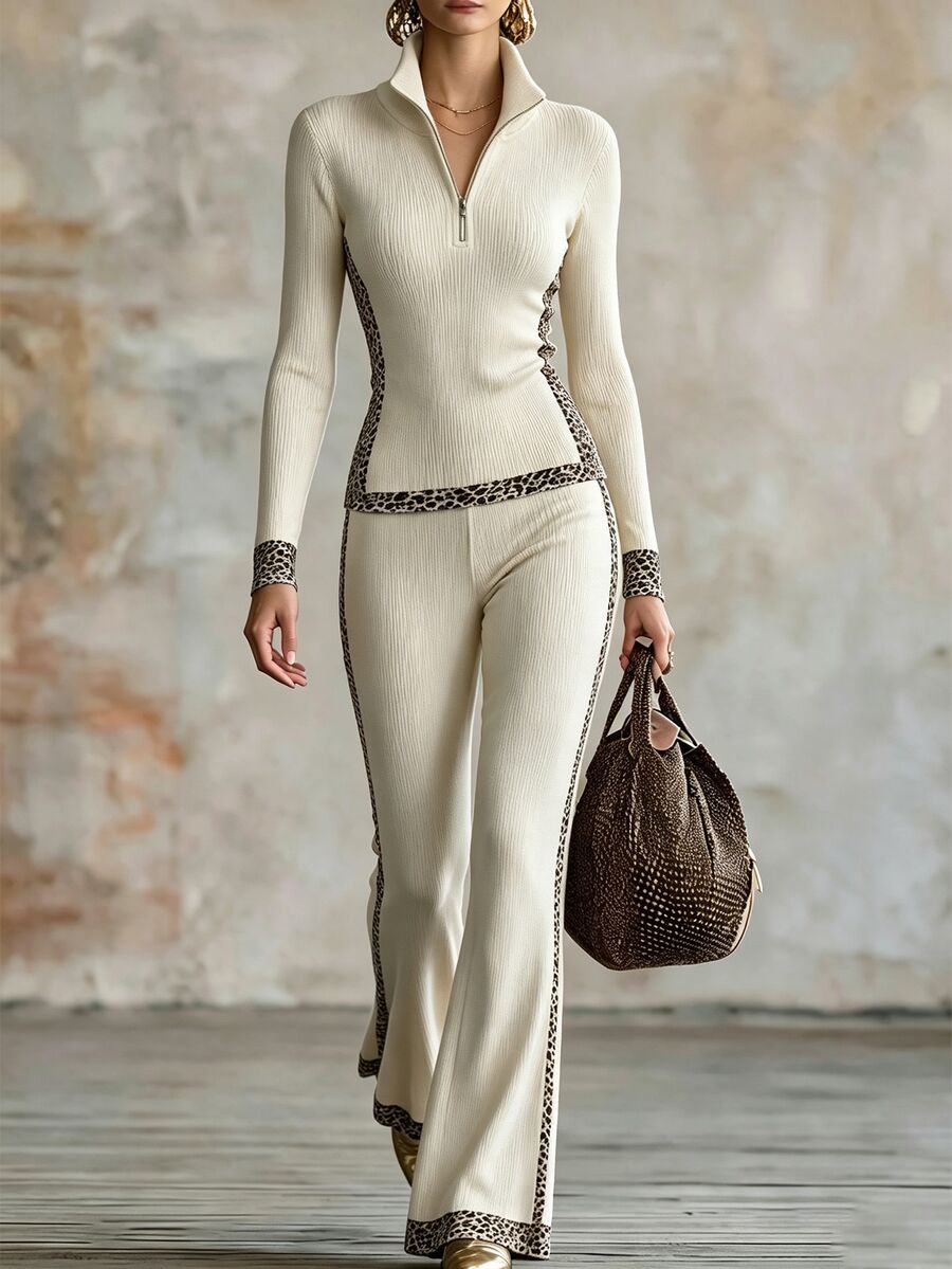 Trelyra Contrast Leopard Print Half Zip Tee & Flare Leg Pants - Apricot - View 1