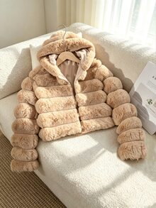 Girls' Hooded Jacket, Coat, Long Sleeve, Fleece, Fall Clothes, Made Of Soft Long Plush Rabbit Fur Fabric, Delicate And Fluffy Touch - Khaki - View 3