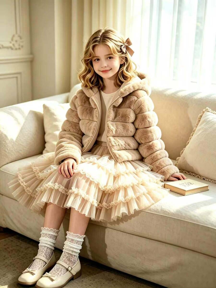 Girls' Hooded Jacket, Coat, Long Sleeve, Fleece, Fall Clothes, Made Of Soft Long Plush Rabbit Fur Fabric, Delicate And Fluffy Touch - Khaki - View 1