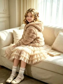 Girls' Hooded Jacket, Coat, Long Sleeve, Fleece, Fall Clothes, Made Of Soft Long Plush Rabbit Fur Fabric, Delicate And Fluffy Touch - Khaki - View 2