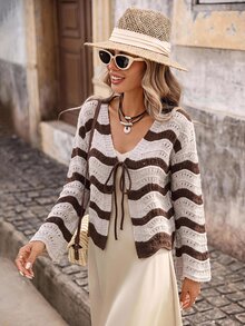 Brillora Women's Autumn/Winter Fashion Casual Retro Vintage 70s Elegant Romantic Knit Wavy Pattern Bow Cardigan Vacation Brown Stripe - Brown - View 11