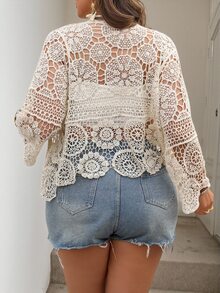 Easowa Curve Plus Size Solid Color Front Tie Long Sleeve Vacation Knit Hollow Cardigan Winter Fall Autumn Evening Wedding Guest Beige Boho Elegant - Beige - View 2