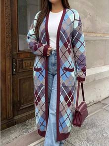 Easura Vintage Plaid Long Wool Cardigan Plus Size Casual Pocket Sweater - Multicolor - View 1