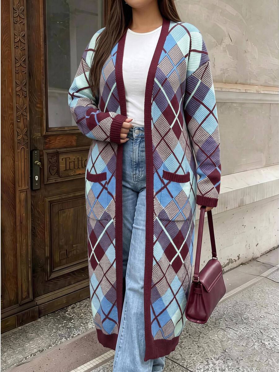 Easura Vintage Plaid Long Wool Cardigan Plus Size Casual Pocket Sweater - Multicolor - View 1