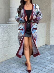 Easura Vintage Plaid Long Wool Cardigan Plus Size Casual Pocket Sweater - Multicolor - View 5