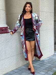 Easura Vintage Plaid Long Wool Cardigan Plus Size Casual Pocket Sweater - Multicolor - View 8