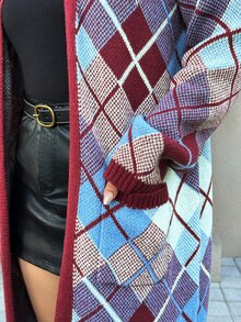 Easura Vintage Plaid Long Wool Cardigan Plus Size Casual Pocket Sweater - Multicolor - View 7