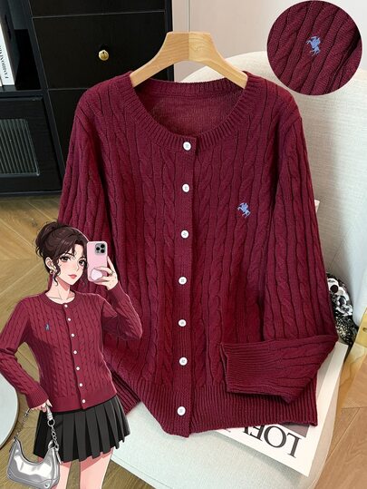 GlowEve CURVE Plus Size Women's Burgundy Round Neck Cable Knit Cardigan, Fitted Long Sleeve With Small Horse Embroidery, Single-Breasted Soft Fluffy Sweater Jacket, Flattering Slimming Vintage Commuter Versatile Outerwear Top