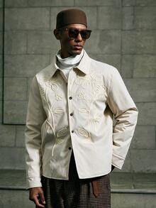 AKNOTIC Men's Floral Embroidered Long Sleeve Single-Breasted Casual Winter Jacket - Apricot - View 2