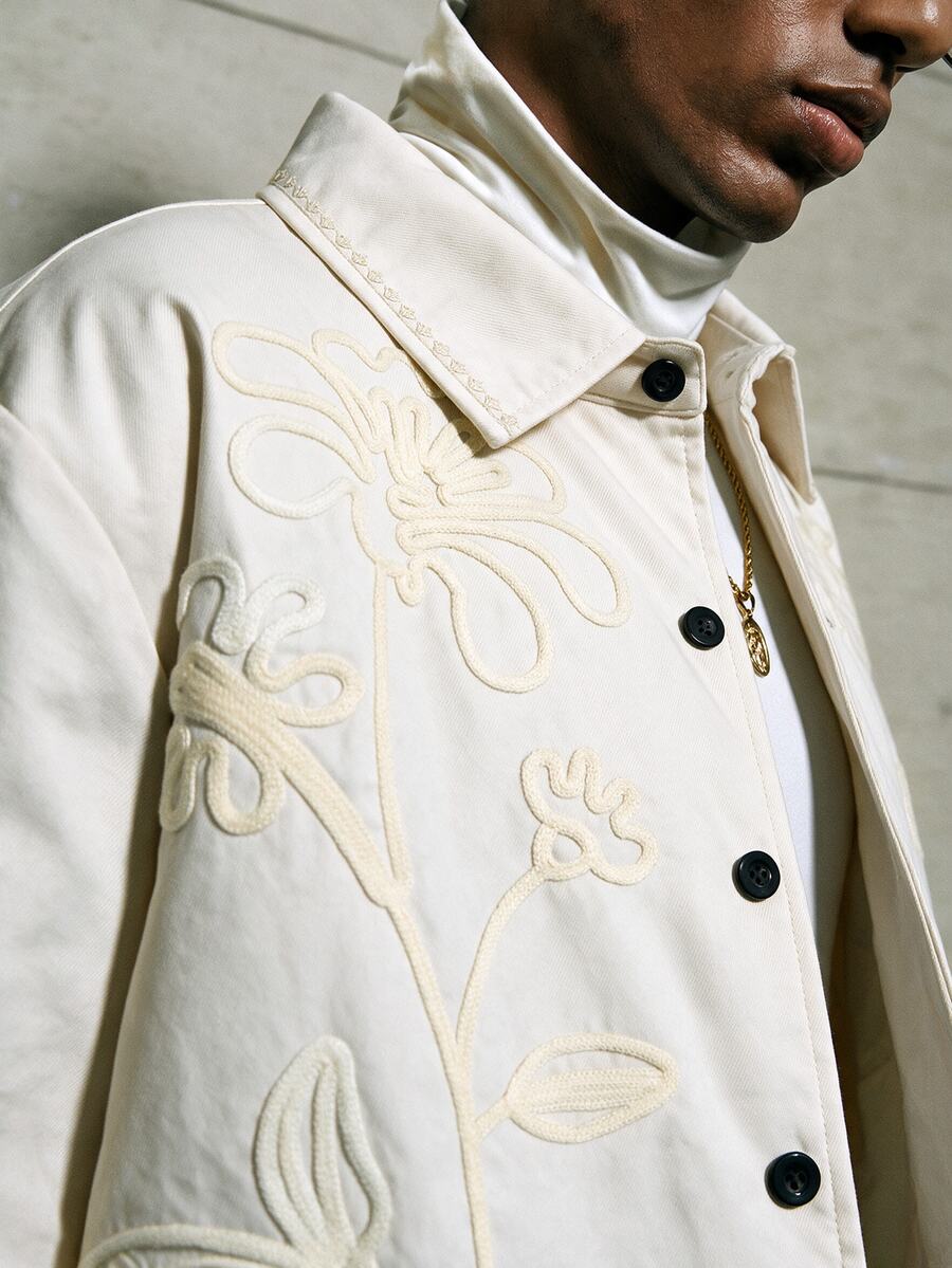 AKNOTIC Men's Floral Embroidered Long Sleeve Single-Breasted Casual Winter Jacket - Apricot - View 1