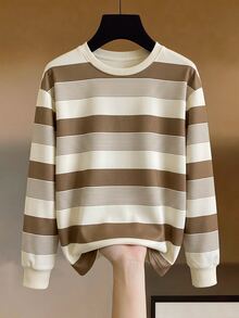 Trelyra Sweatshirt Wanita Kasual Nyaman Warna Polos dengan Motif Garis Kontras - Coklat - View 3