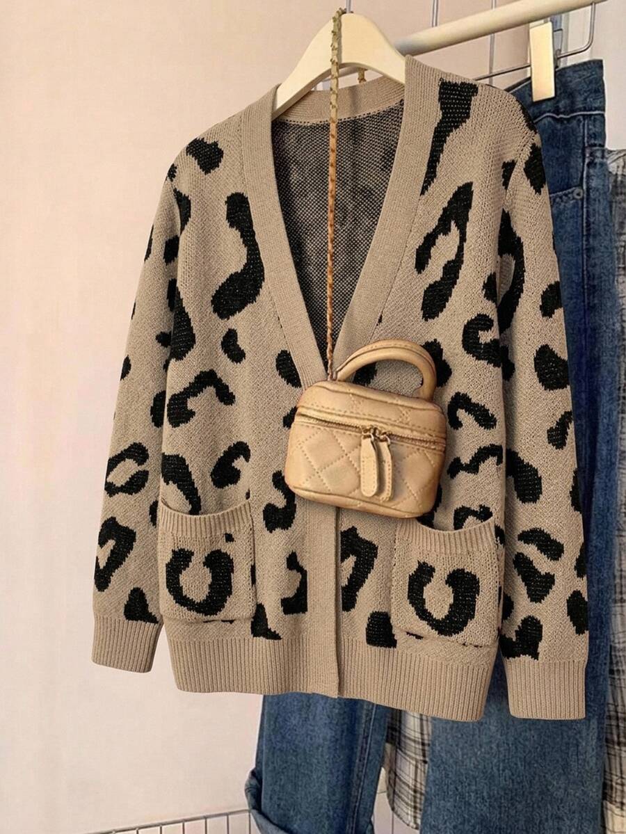 SHEIN LUNE Plus Size Women's Leopard Print Jacquard Pocket Cardigan Sweater - Brown - View 1