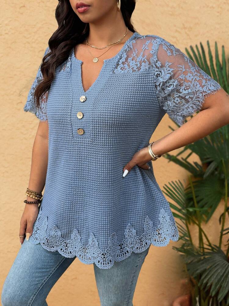 EMERY ROSE Plus Size V-Neck Lace Mesh Splice Waffle Knit Fabric T-Shirt With Wooden Button Decor, Casual For Outgoing, Vacation, And Home Wear - Blue - View 7