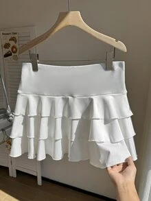 Comfortcana Plus Size Casual Versatile Solid Color Cake Skirt - White - View 2